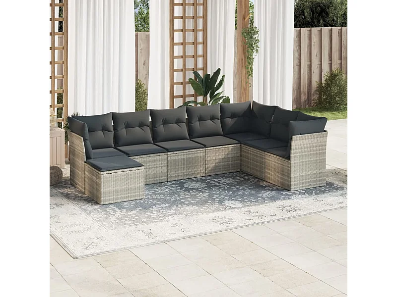 8-tlg. Garten-Sofagarnitur mit Kissen Hellgrau Poly Rattan