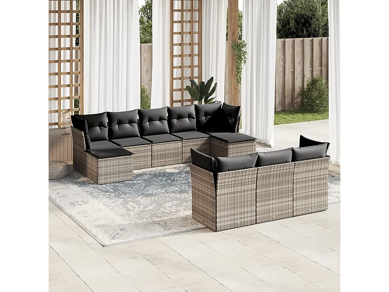 10-tlg. Garten-Sofagarnitur mit Kissen Hellgrau Poly Rattan