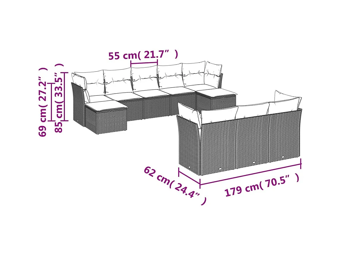 Salon de jardin avec coussins 10 pcs gris clair résine tressée