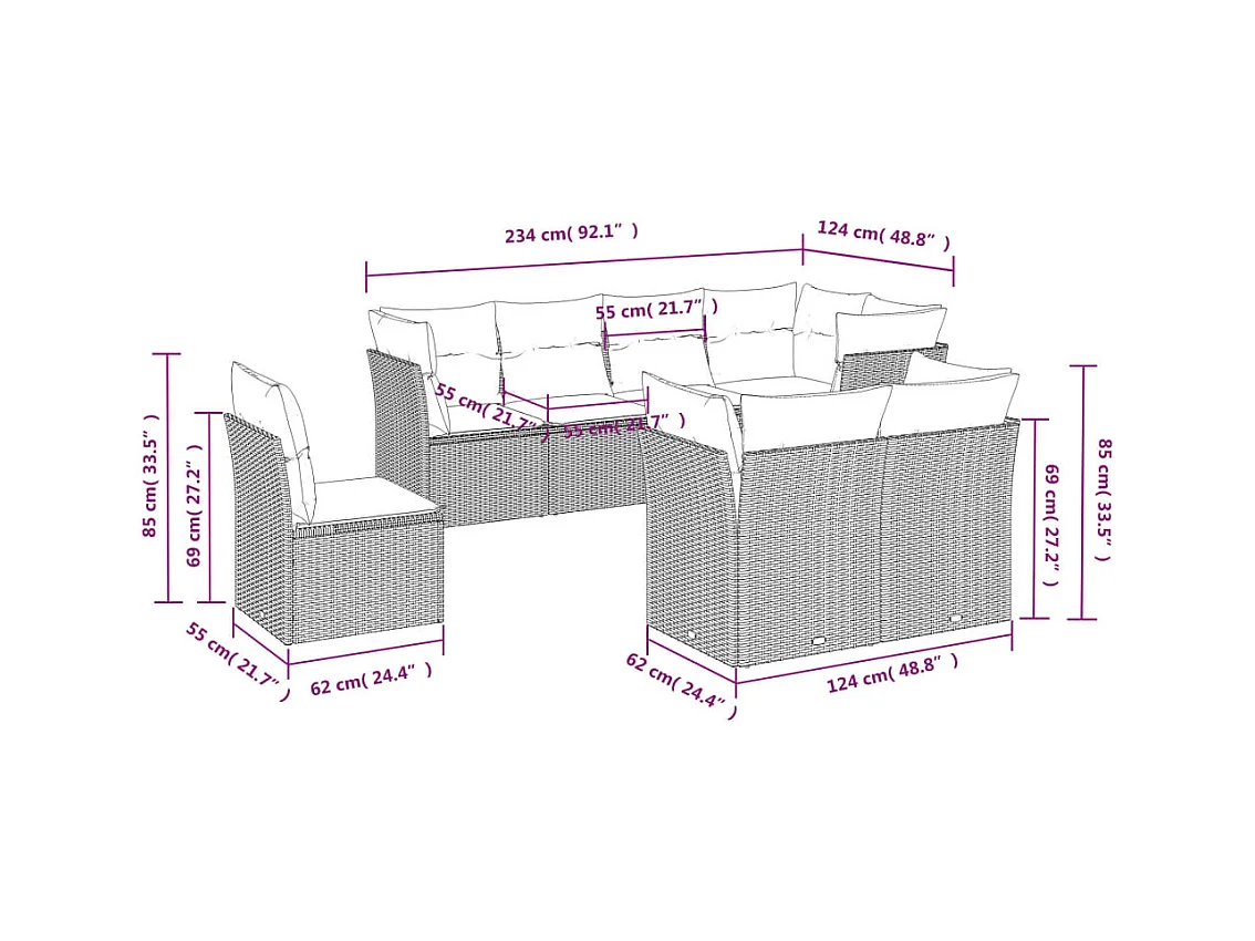Salon de jardin 8 pcs avec coussins gris clair résine tressée
