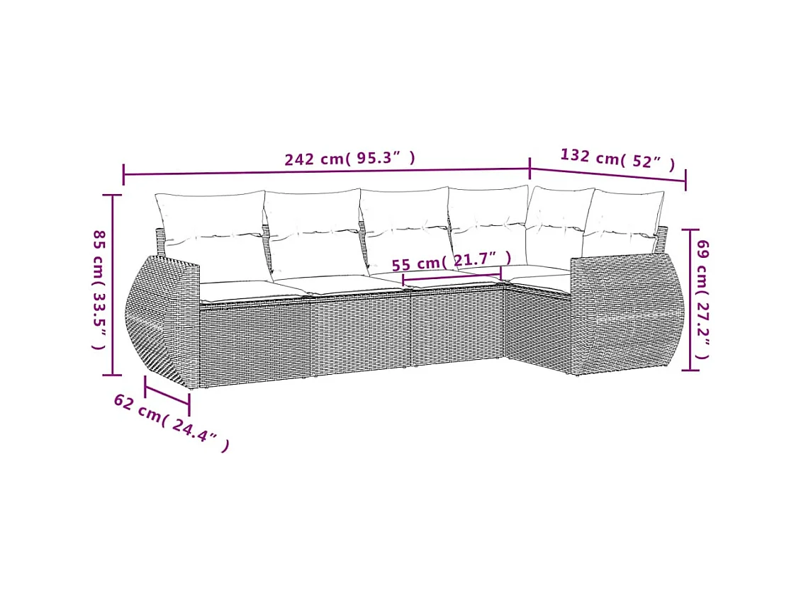 Salon de jardin 5 pcs avec coussins gris clair résine tressée
