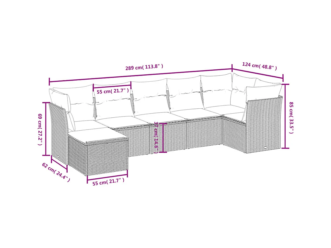 Salon de jardin avec coussins 7 pcs gris clair résine tressée