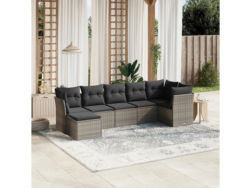 7-tlg. Garten-Sofagarnitur mit Kissen Hellgrau Poly Rattan