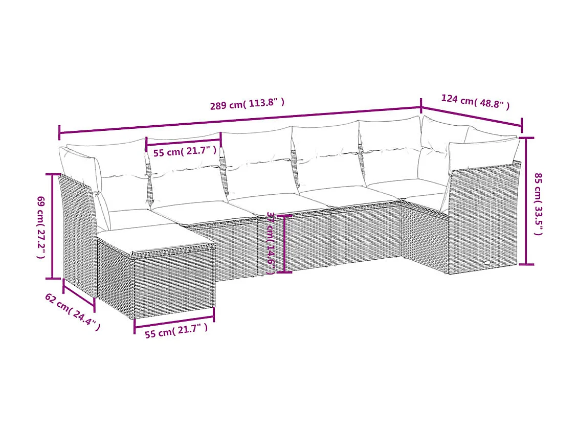 7-tlg. Garten-Sofagarnitur mit Kissen Hellgrau Poly Rattan