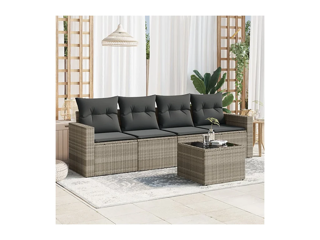 Salon de jardin 5 pcs avec coussins gris clair résine tressée