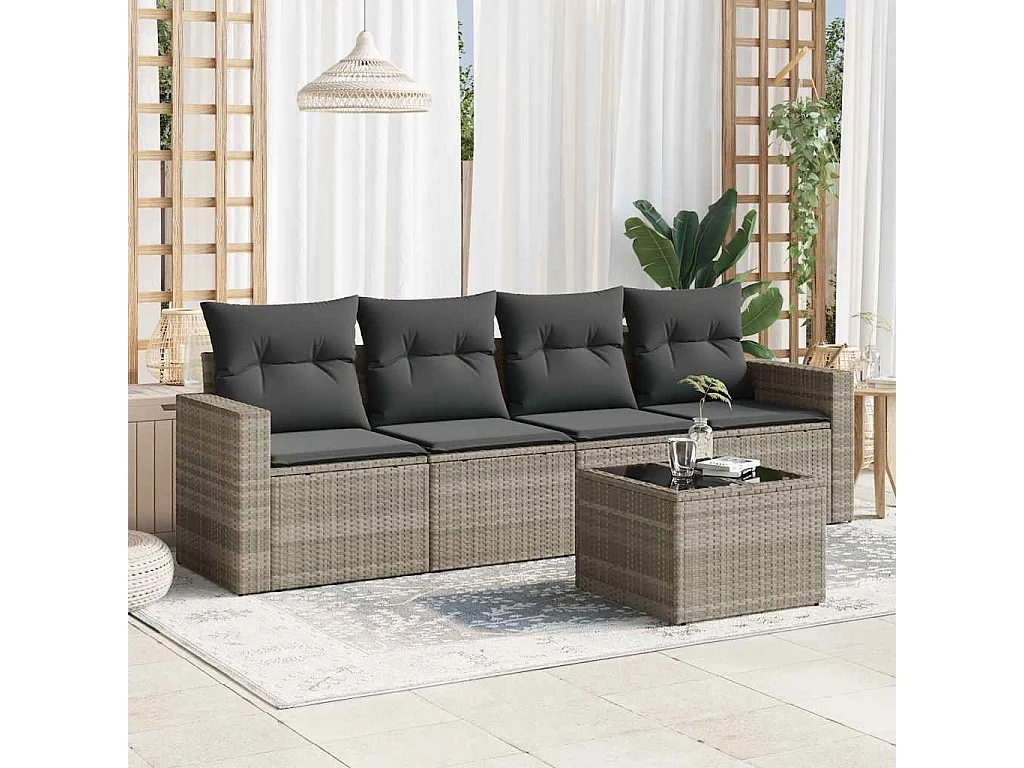 Salon de jardin 5 pcs avec coussins gris clair résine tressée