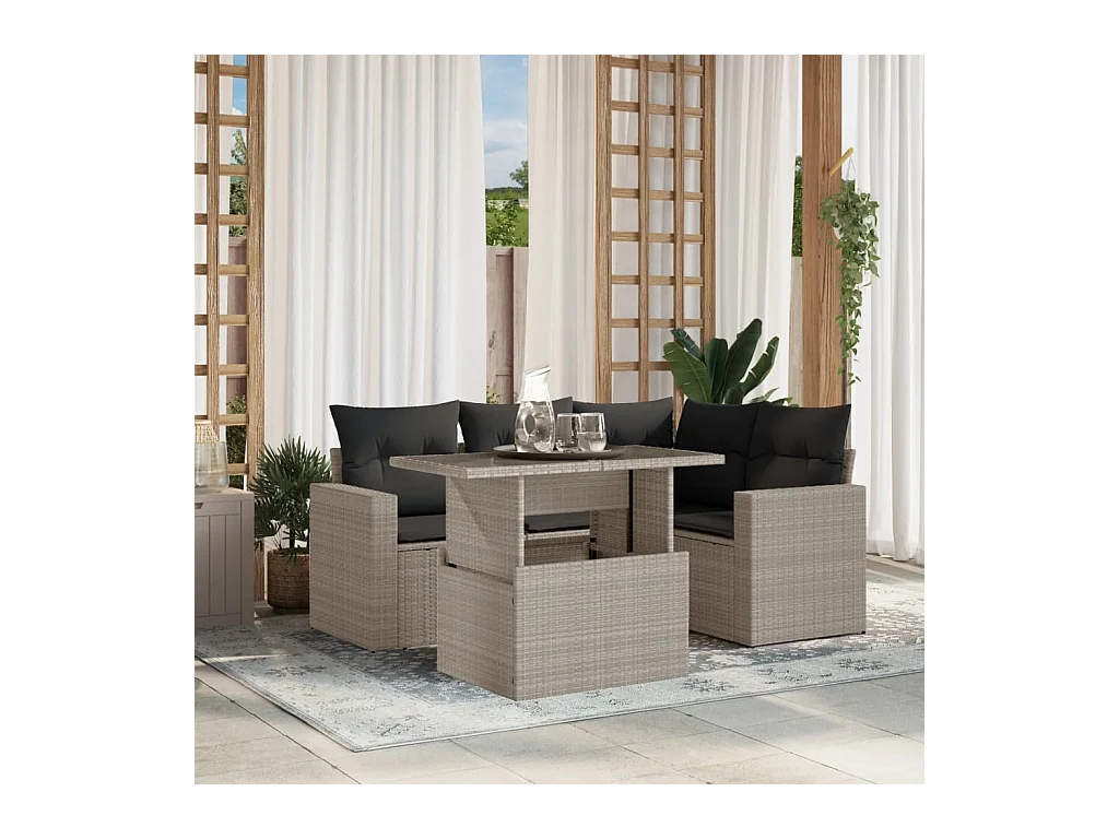 Salon de jardin 5 pcs avec coussins gris clair résine tressée