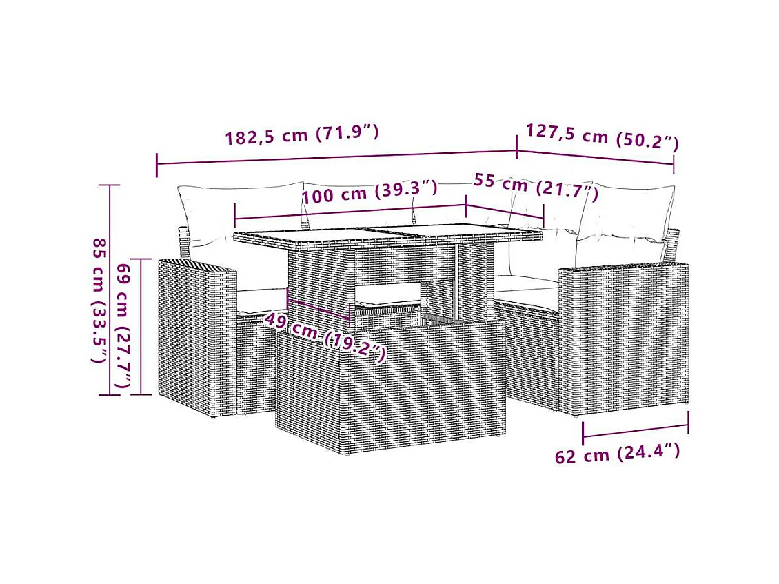 Salon de jardin 5 pcs avec coussins gris clair résine tressée