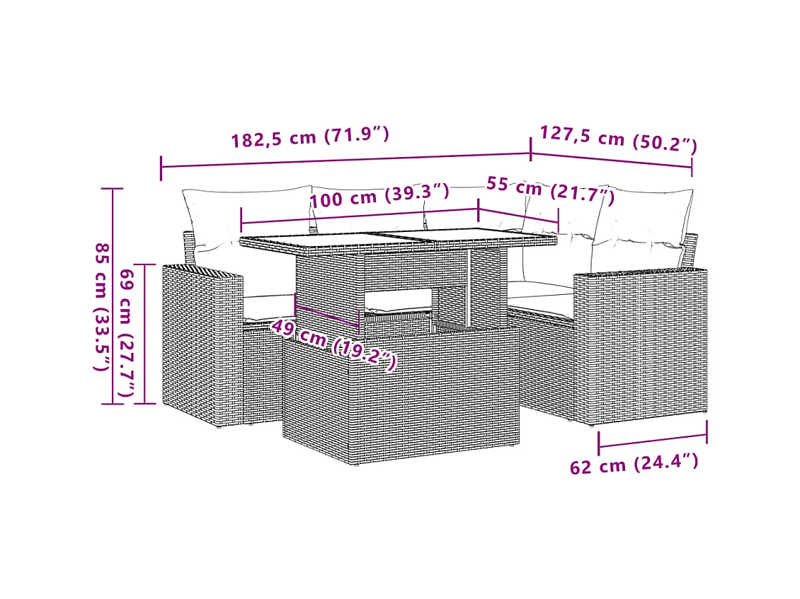 Salon de jardin 5 pcs avec coussins gris clair résine tressée