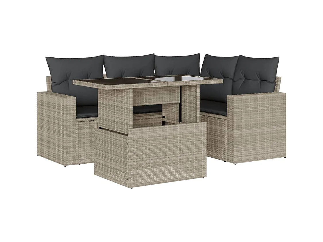 5-tlg. Garten-Sofagarnitur mit Kissen Hellgrau Poly Rattan