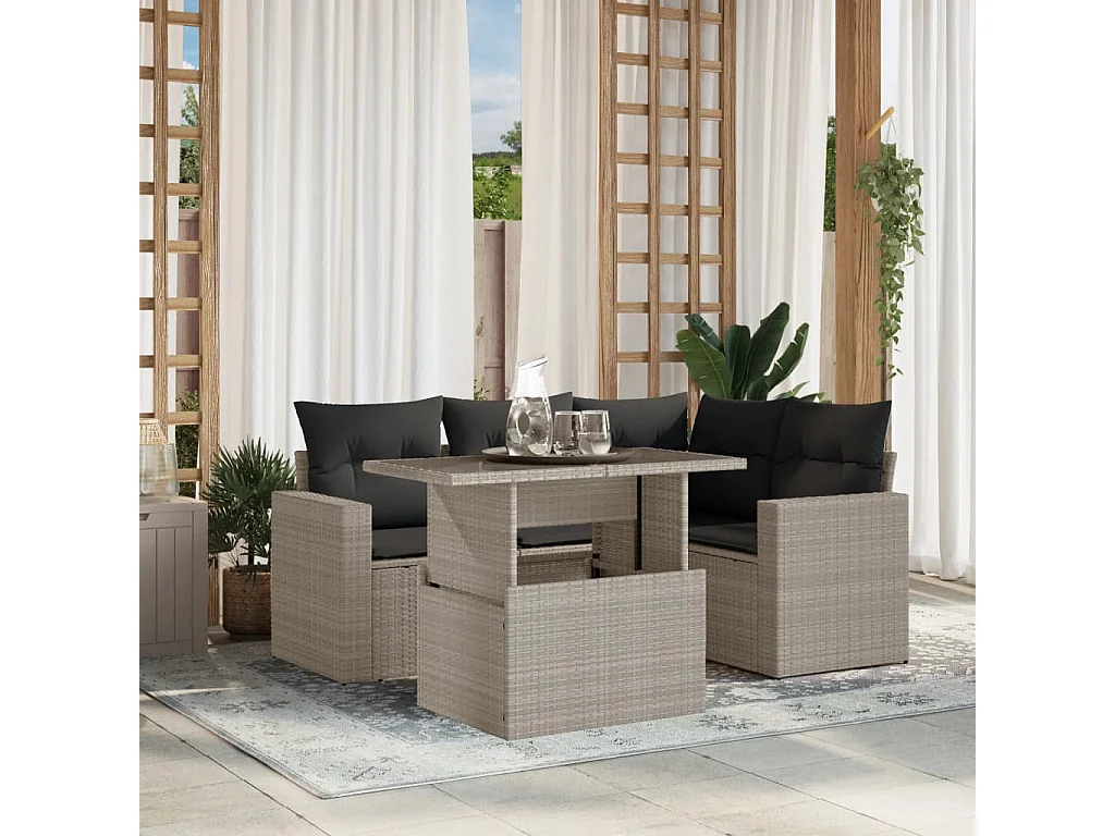 5-tlg. Garten-Sofagarnitur mit Kissen Hellgrau Poly Rattan