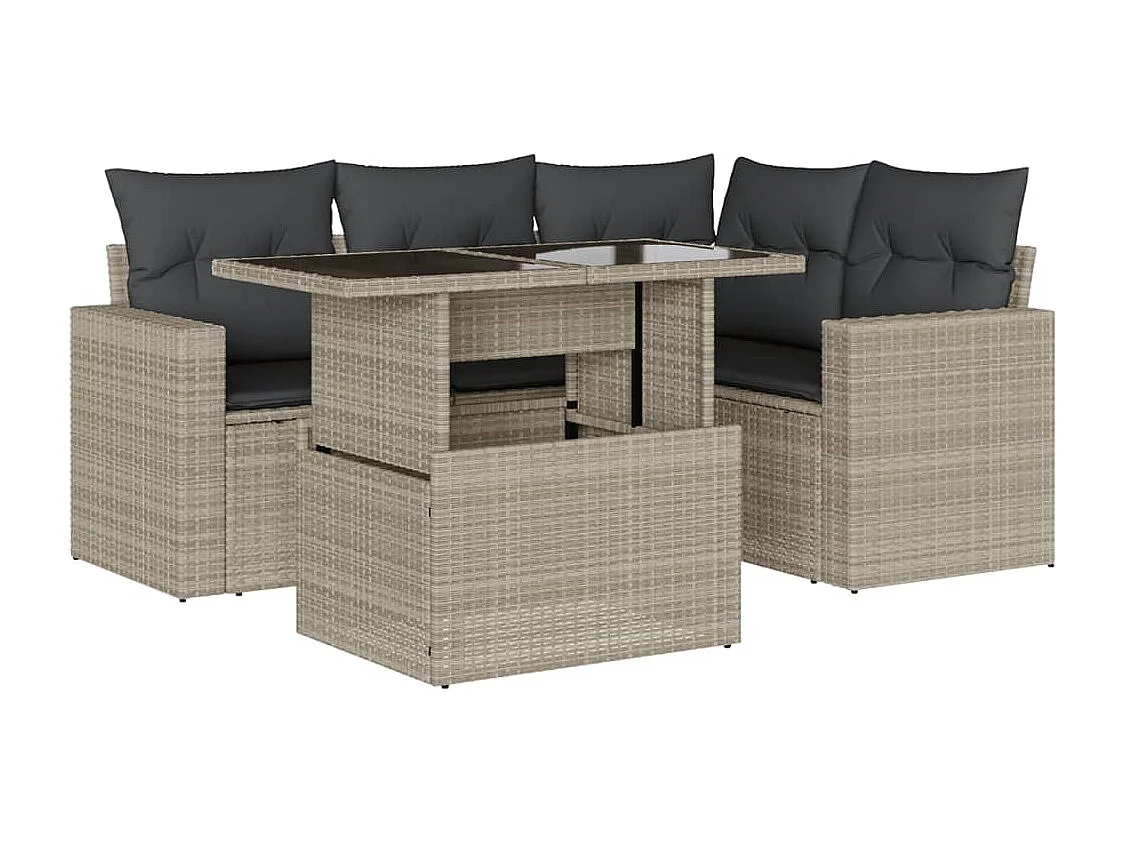 5-tlg. Garten-Sofagarnitur mit Kissen Hellgrau Poly Rattan