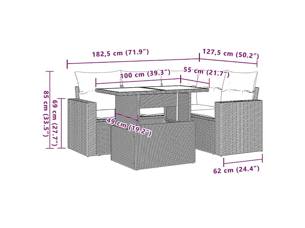 5-delige Loungeset met kussens poly rattan lichtgrijs