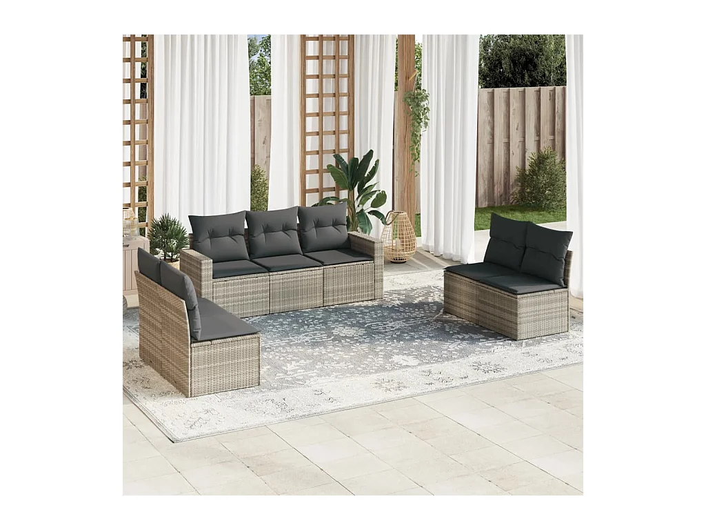Salon de jardin avec coussins 7 pcs gris clair résine tressée