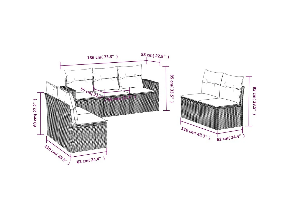 Salon de jardin avec coussins 7 pcs gris clair résine tressée