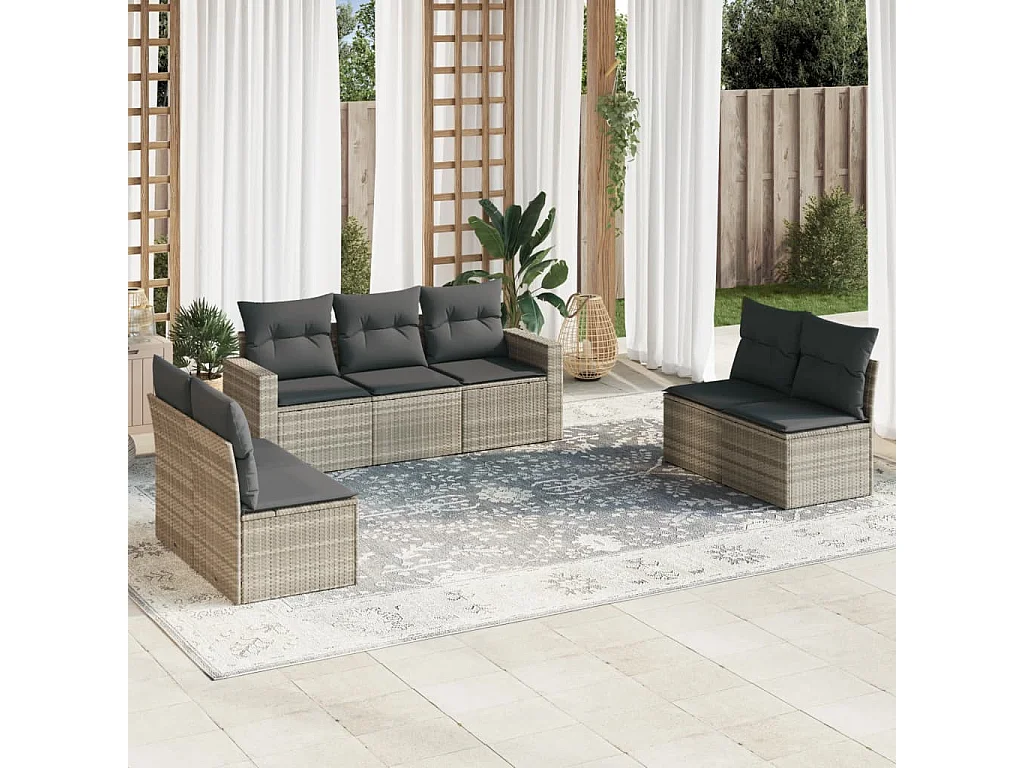 7-delige Loungeset met kussens poly rattan lichtgrijs