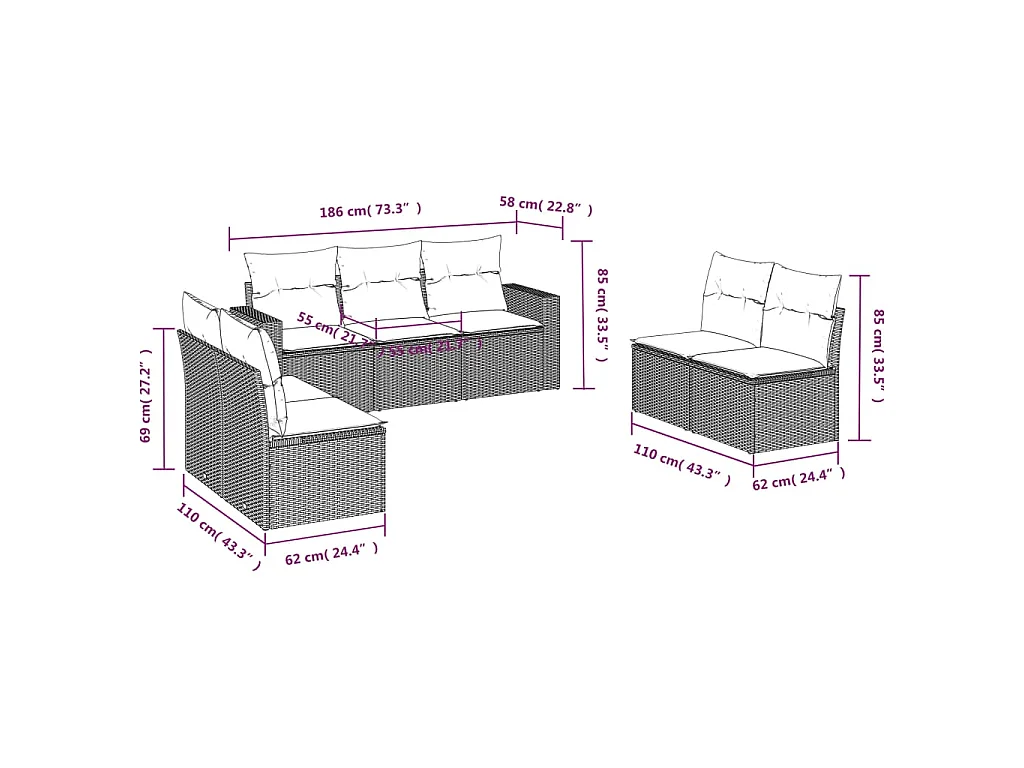 7-delige Loungeset met kussens poly rattan lichtgrijs
