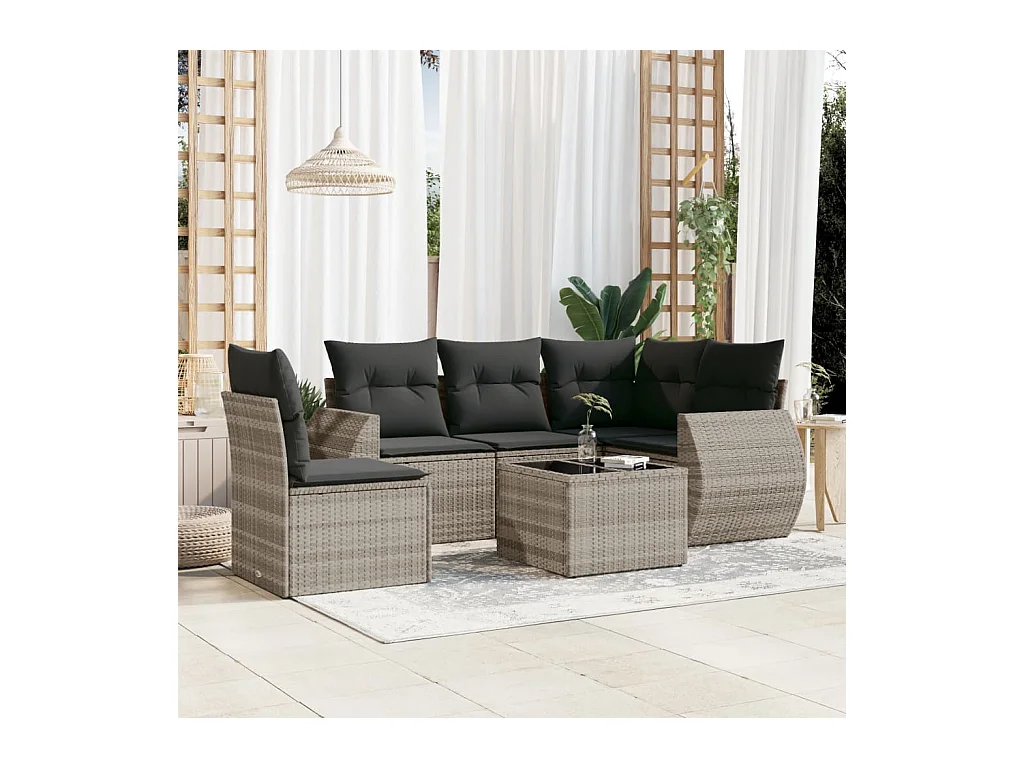 Salon de jardin 6 pcs avec coussins gris clair résine tressée