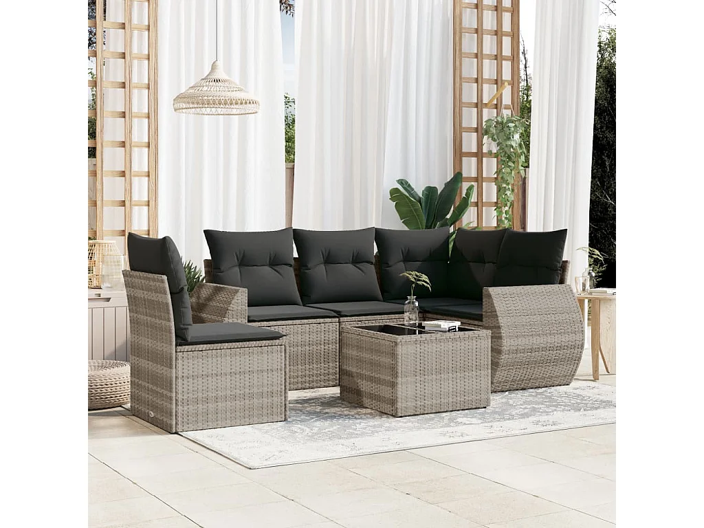 Salon de jardin 6 pcs avec coussins gris clair résine tressée