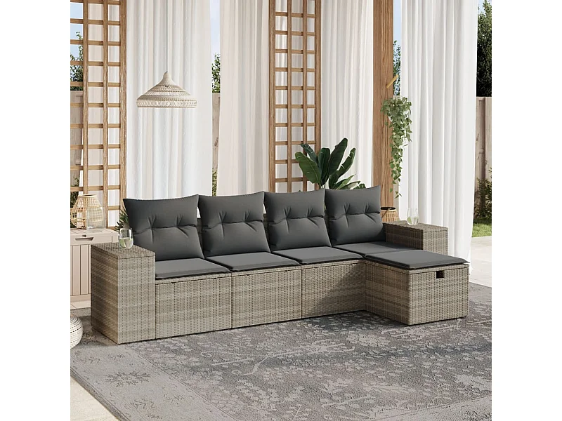 5 pcs conj. sofás jardim c/ almofadões vime PE cinzento-claro