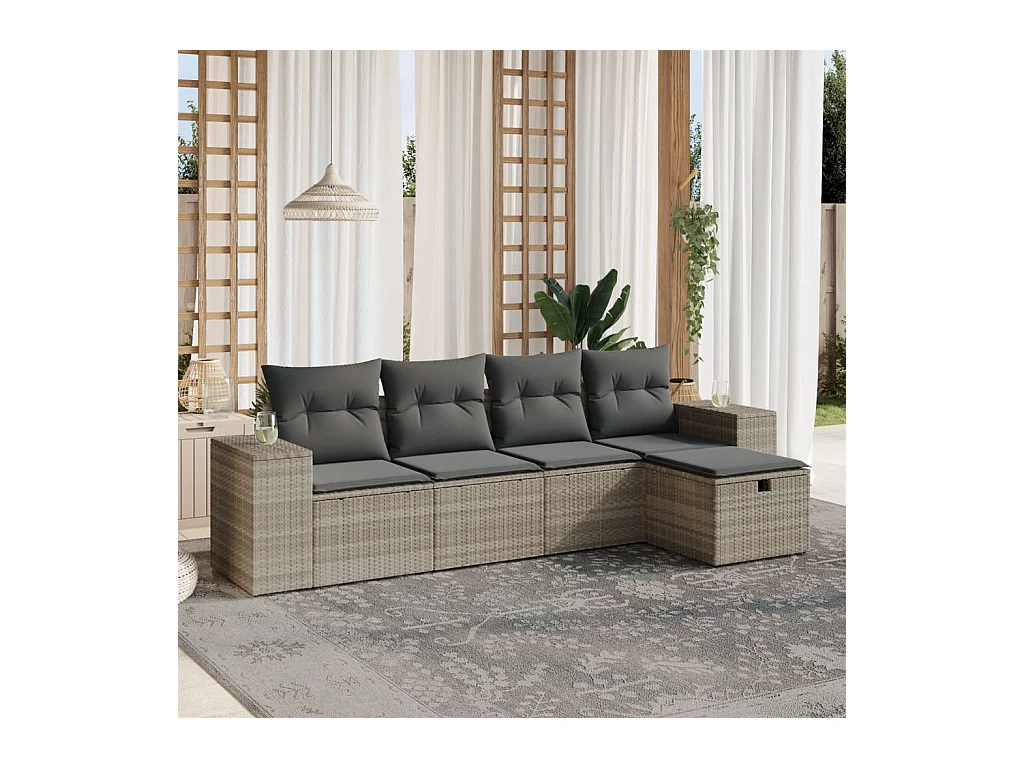 Set Divano da Giardino 5pz con Cuscini Grigio Chiaro Polyrattan