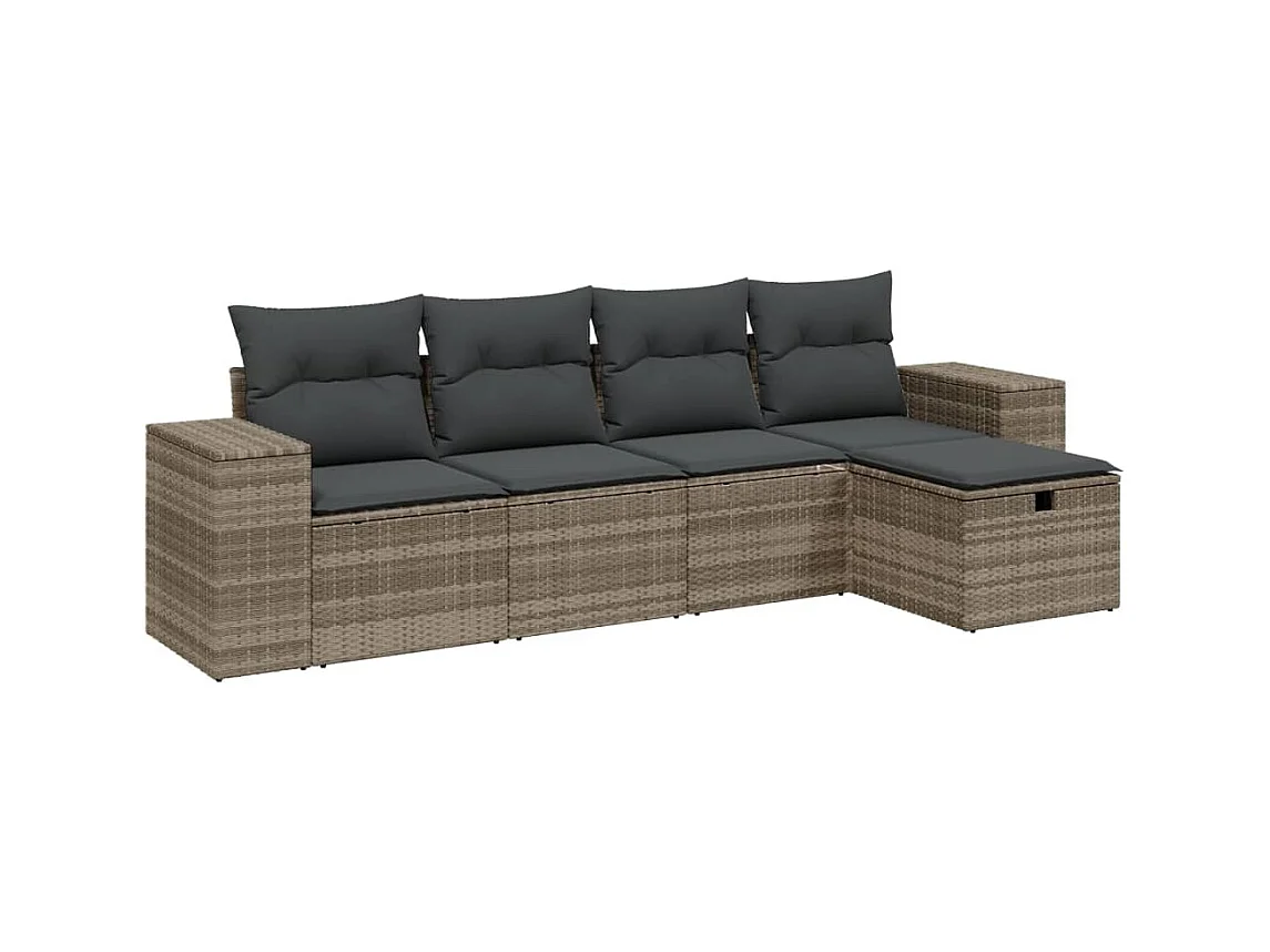Set Divano da Giardino 5pz con Cuscini Grigio Chiaro Polyrattan
