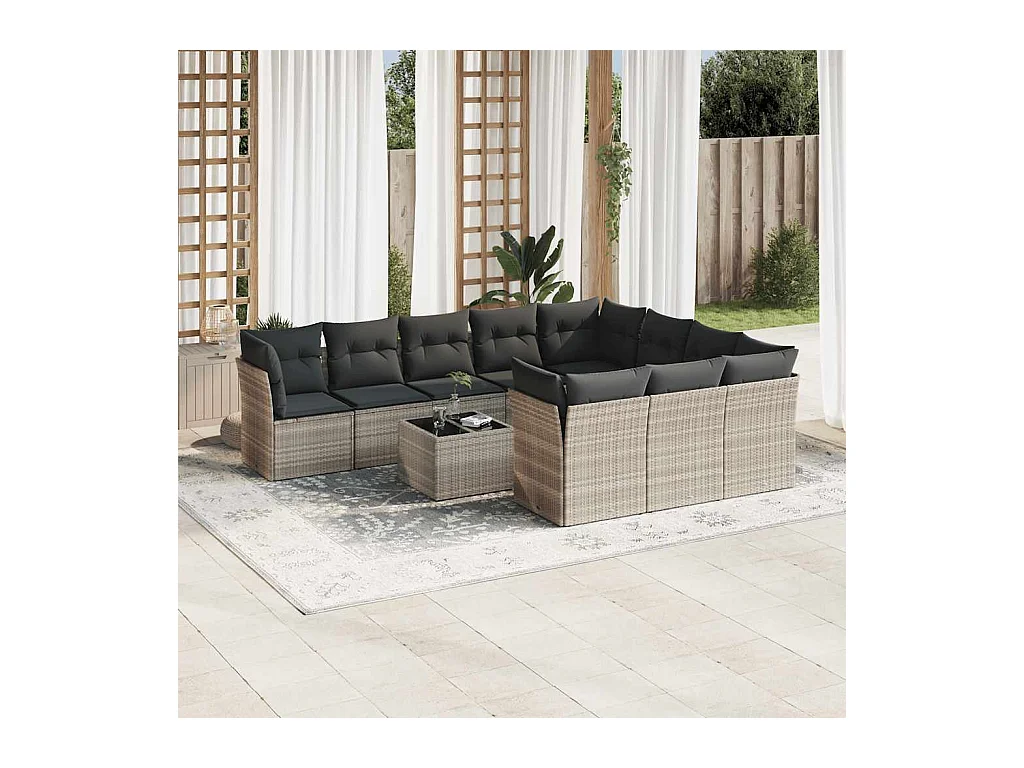 11 pcs conjunto sofás de jardim c/ almofadões vime PE cinzento