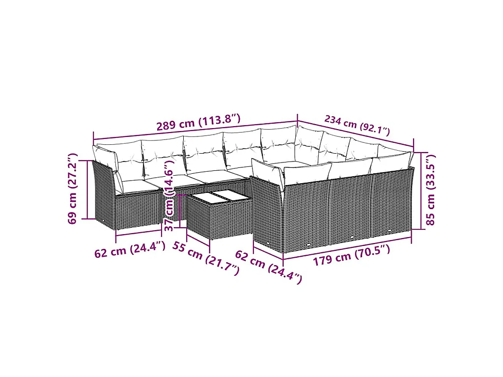 11 pcs conjunto sofás de jardim c/ almofadões vime PE cinzento