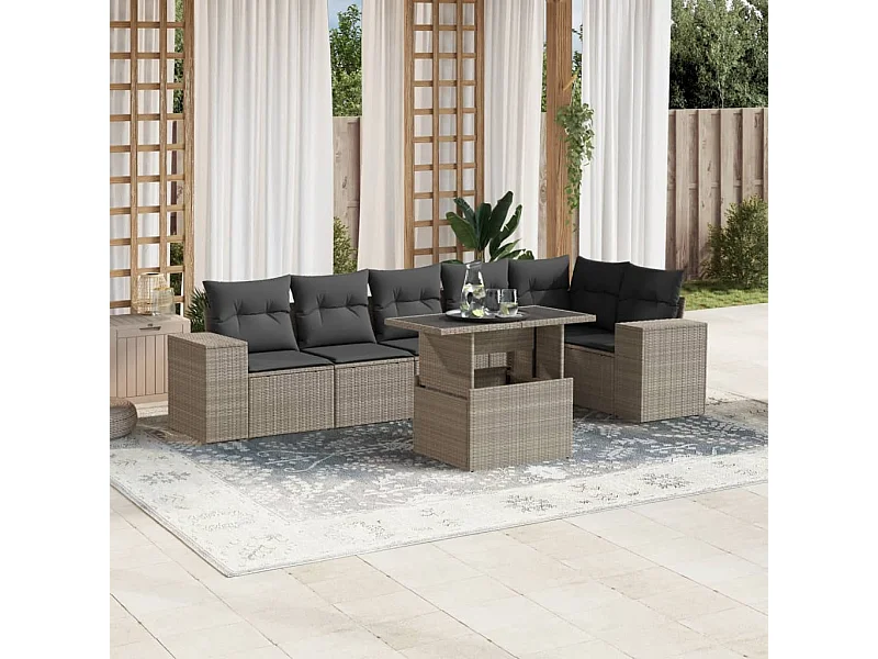 Salon de jardin avec coussins 7 pcs gris clair résine tressée