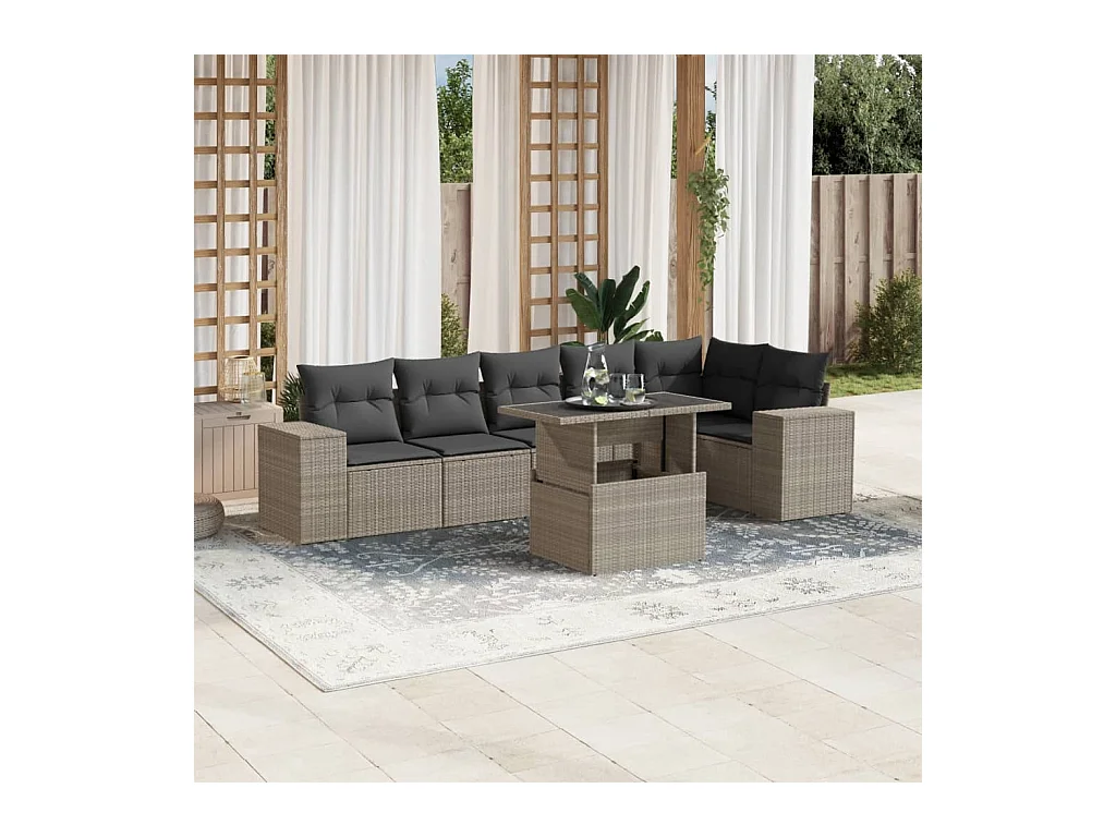 Salon de jardin avec coussins 7 pcs gris clair résine tressée