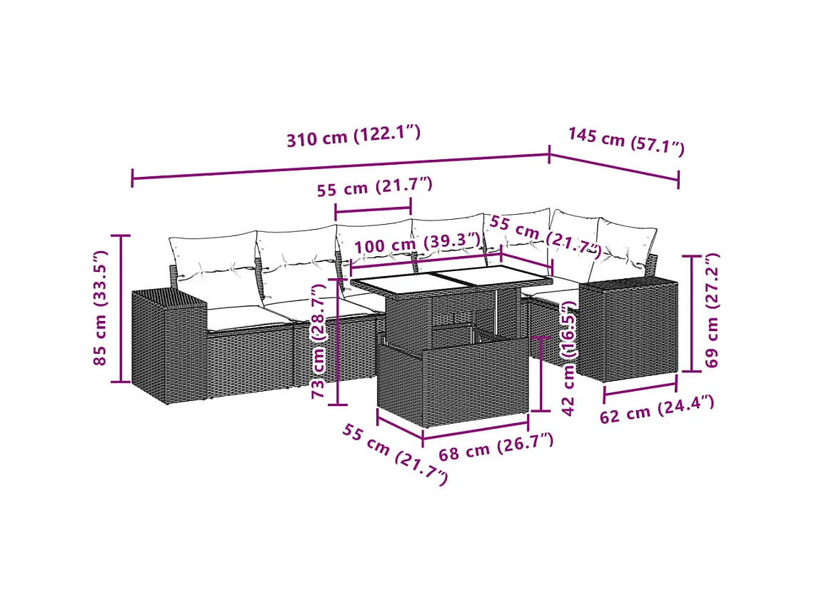 Salon de jardin avec coussins 7 pcs gris clair résine tressée