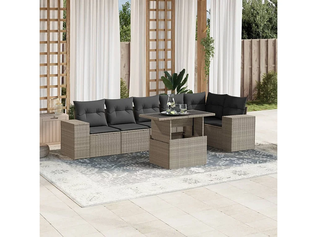 Salon de jardin avec coussins 7 pcs gris clair résine tressée