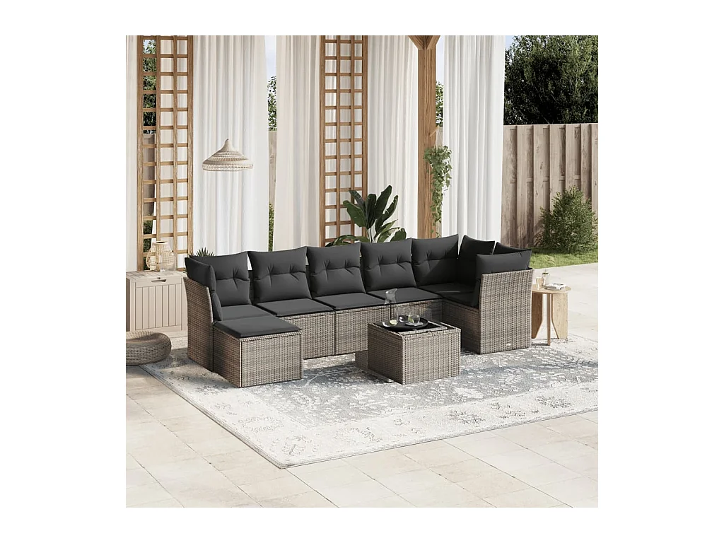 Set de sofás de jardín 8 pzas y cojines ratán sintético gris