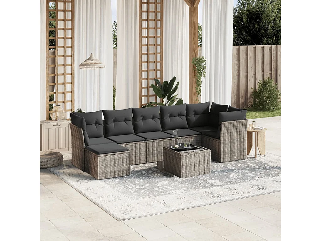 Set de sofás de jardín 8 pzas y cojines ratán sintético gris