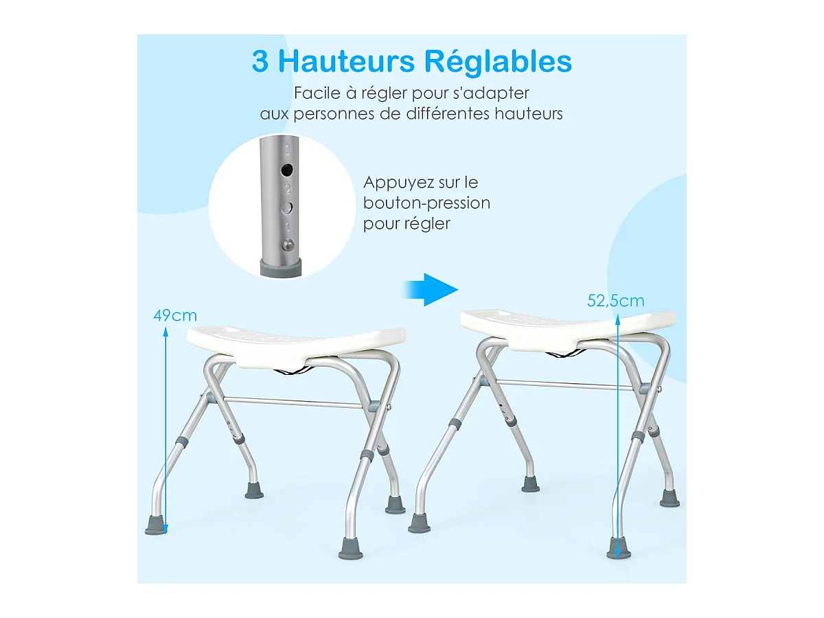 Banco de chuveiro com altura ajustável 49-525 cm assento de chuveiro braços removíveis pés de borracha antiderrapantes branco 20_0009485