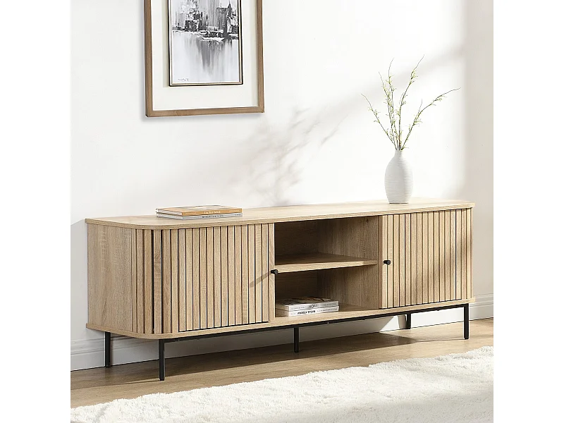 Meuble TV 2 portes rainurées couleur chêne L160xH55 cm - Solna