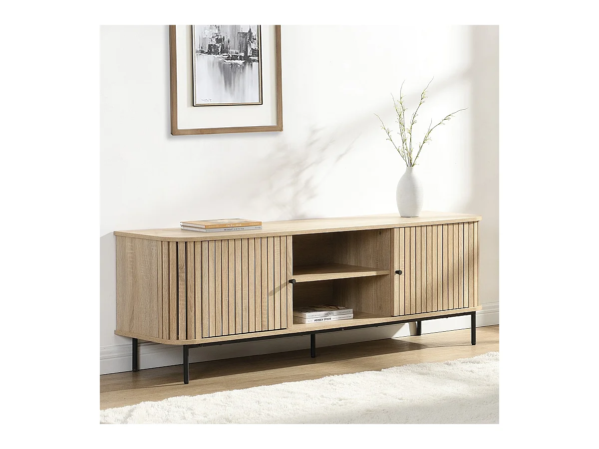 Meuble TV 2 portes rainurées couleur chêne L160xH55 cm - Solna
