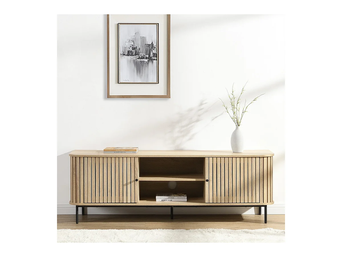 Meuble TV 2 portes rainurées couleur chêne L160xH55 cm - Solna