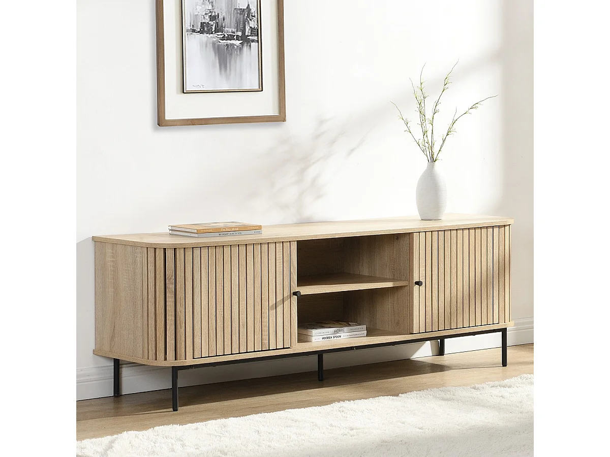 Meuble TV 2 portes rainurées couleur chêne L160xH55 cm - Solna