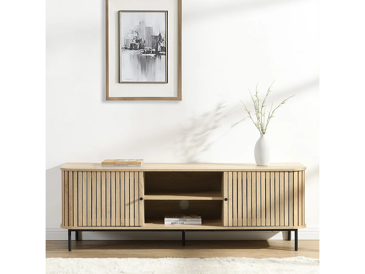 Meuble TV 2 portes rainurées couleur chêne L160xH55 cm - Solna