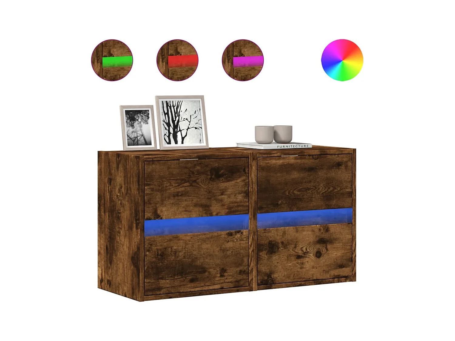 Mueble de TV de pared estante multimedia aparador de televisión TV comedor salón dormitorio y luces LED 2 piezas roble ahumado 41 x 31 x 45 cm marrón 02_0029122