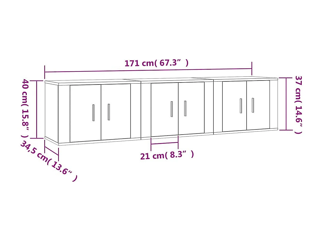 Mueble TV de pared estante para televisión multimedia buffet de televisión comedor salón dormitorio 3 piezas sonoma 57 x 34,5 x 40 cm gris 02_0029050