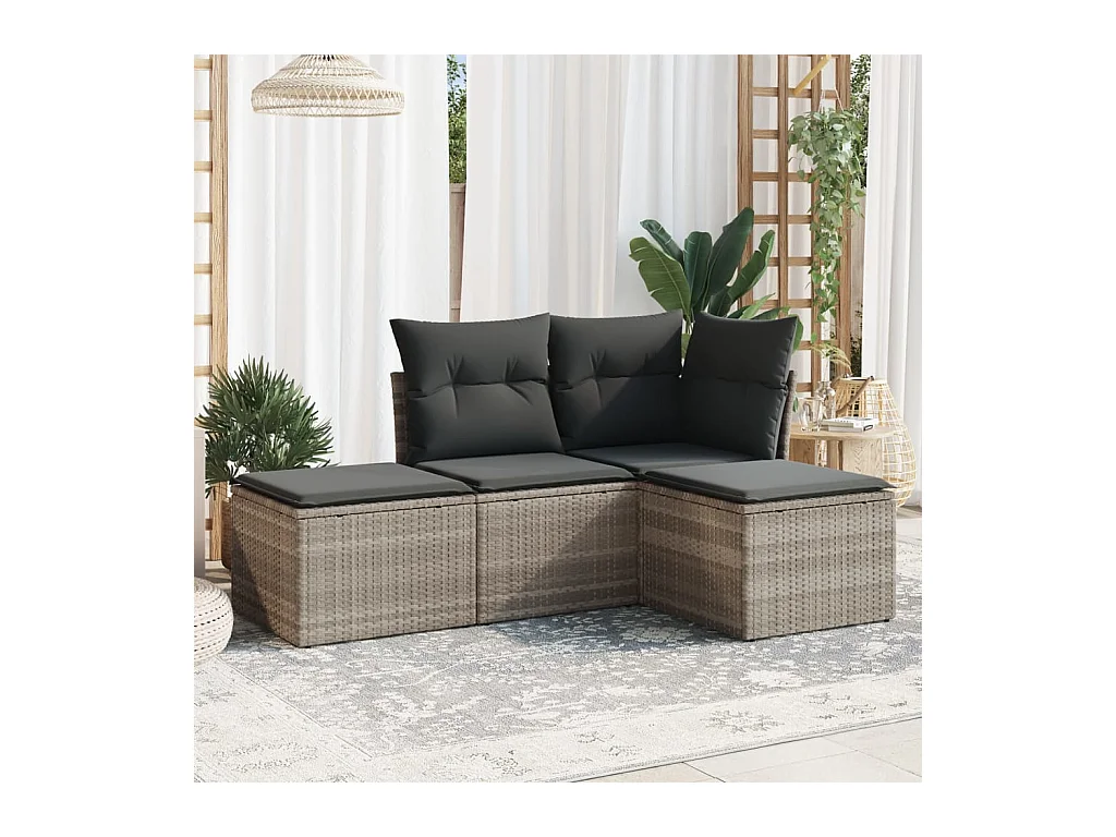 Salon de jardin 4 pcs avec coussins gris clair résine tressée