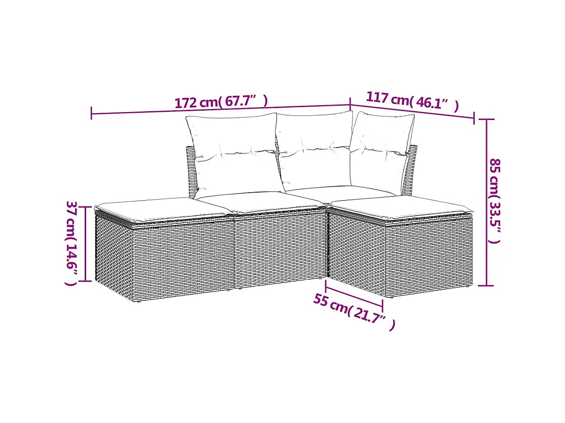 Salon de jardin 4 pcs avec coussins gris clair résine tressée