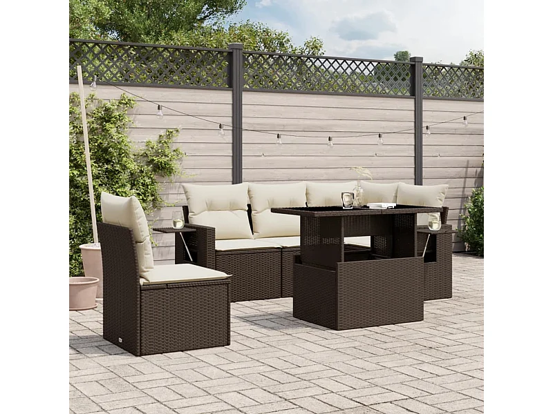Set Divano da Giardino 6 pz con Cuscini Marrone in Polyrattan