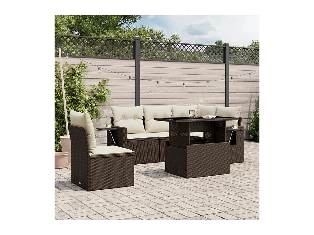 Salon de jardin avec coussins 6 pcs marron résine tressée