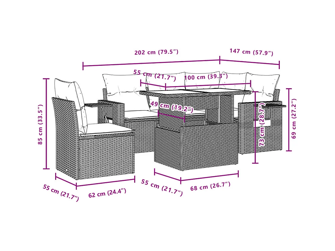 Salon de jardin avec coussins 6 pcs marron résine tressée
