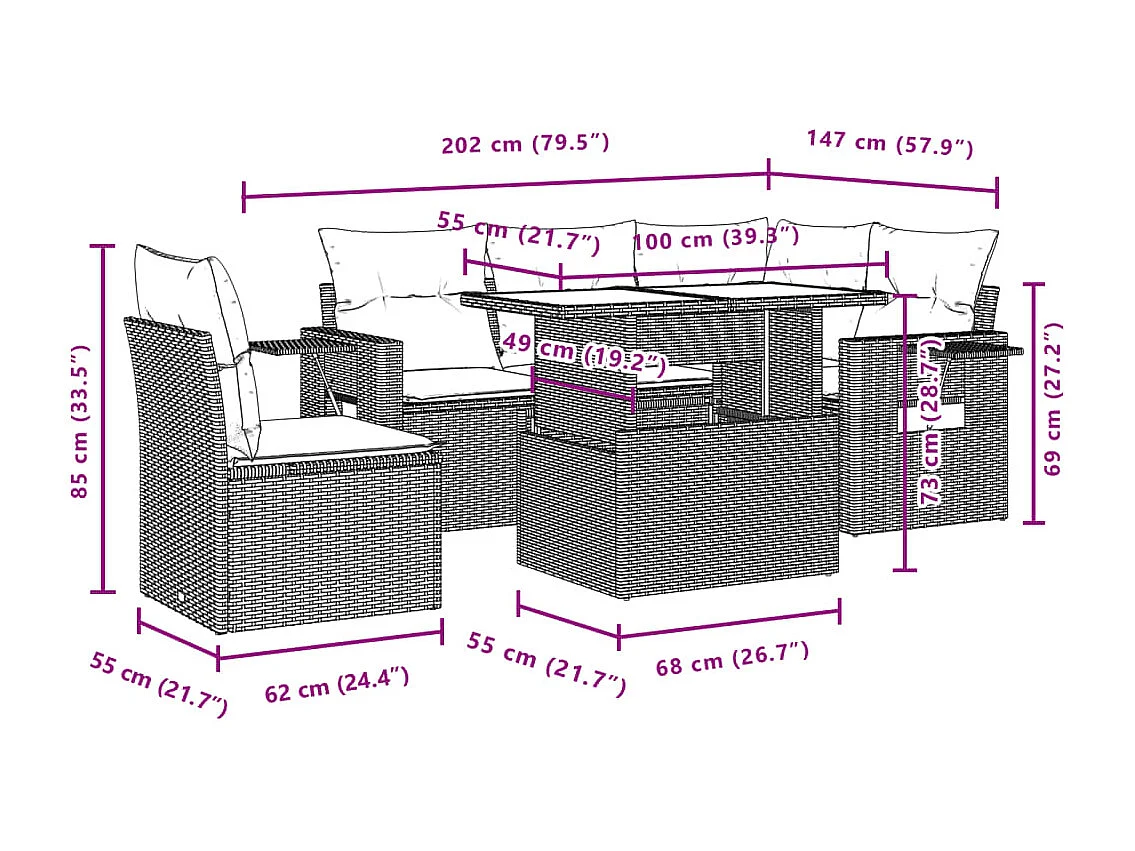 Salon de jardin avec coussins 6 pcs marron résine tressée
