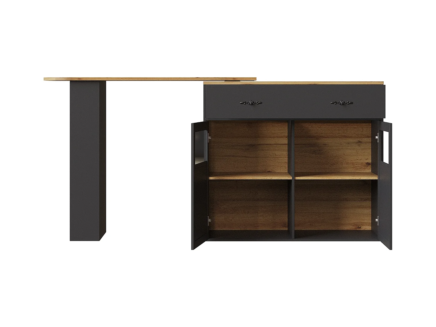 Meuble de bar rotatif - Table de bar extensible avec 1 tiroirs et 2 porte vitrée - rangement ouvert - noir