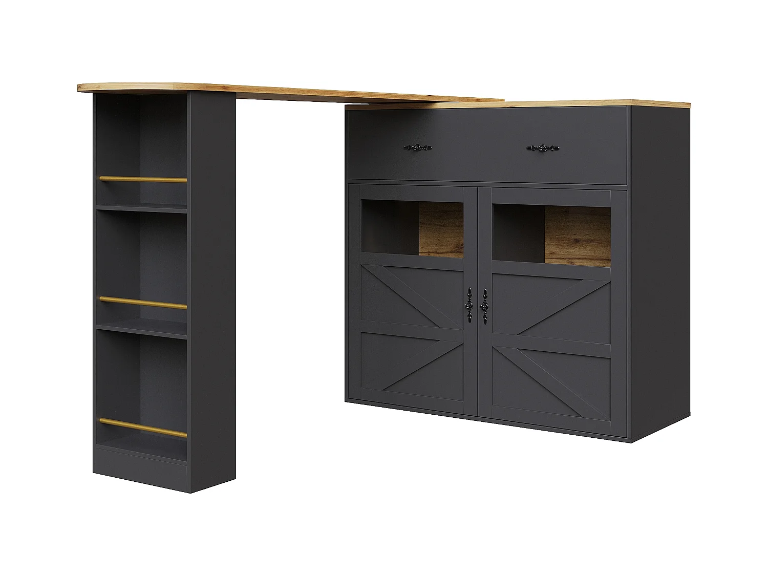 Meuble de bar rotatif - Table de bar extensible avec 1 tiroirs et 2 porte vitrée - rangement ouvert - noir